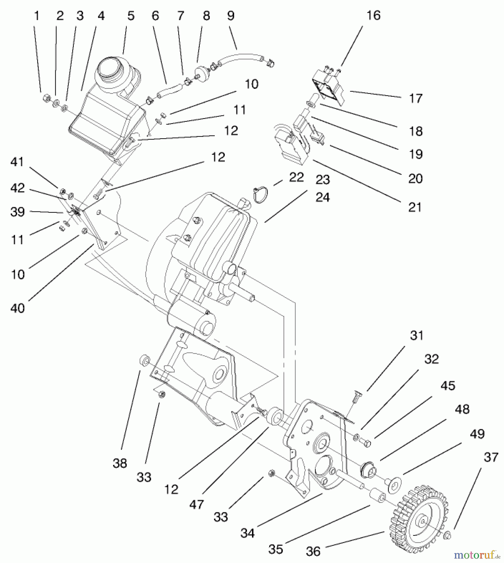 Toro Neu Snow Blowers/Snow Throwers Seite 1 38430 (3000) - Toro CCR 3000 Snowthrower, 1999 (9900001-9999999) ENGINE & GAS TANK ASSEMBLY