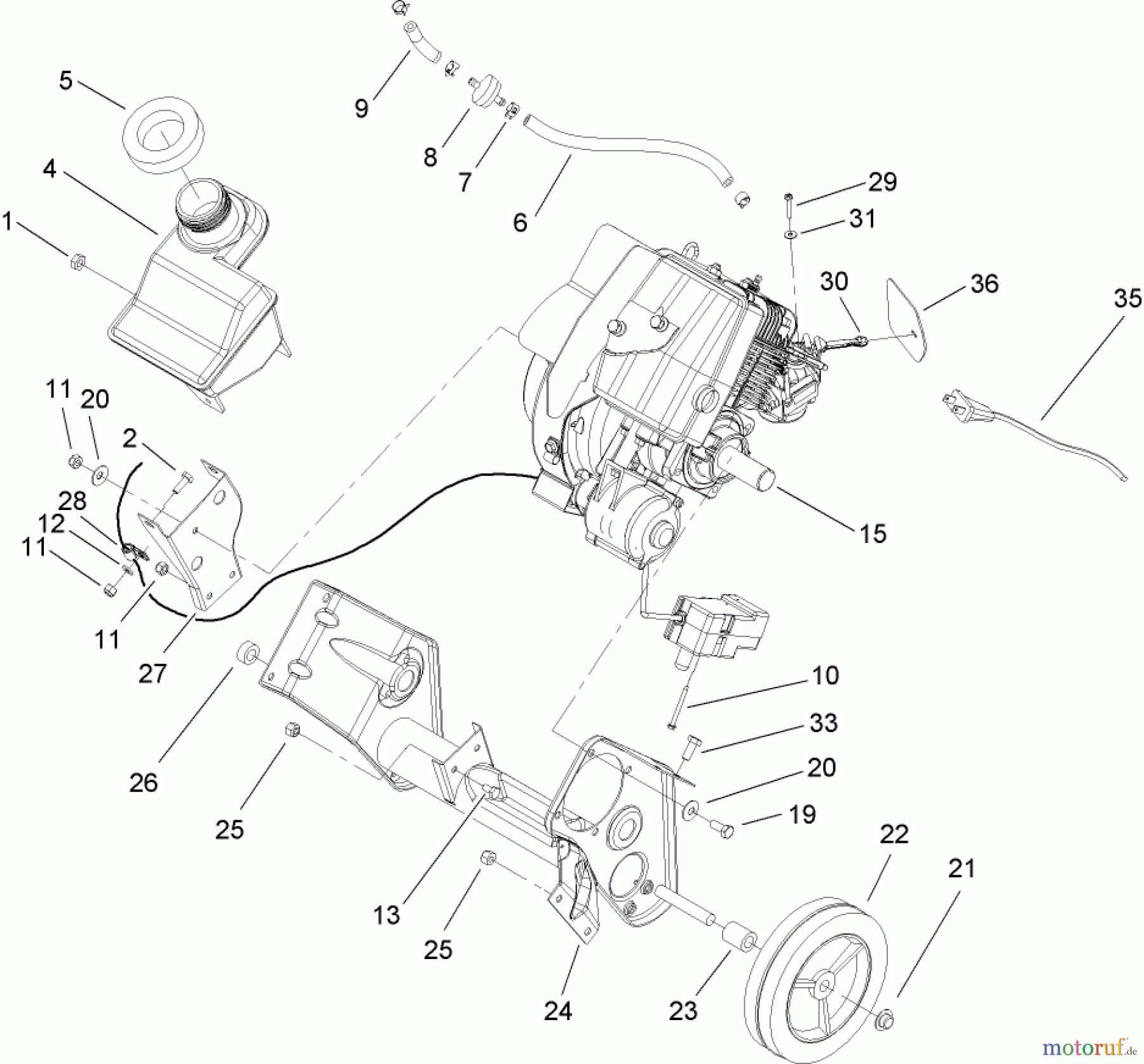 Toro Neu Snow Blowers/Snow Throwers Seite 1 38518 (3650) - Toro CCR 3650 GTS Snowthrower, 2006 (260010001-260999999) ENGINE, GAS TANK AND FRAME ASSEMBLY