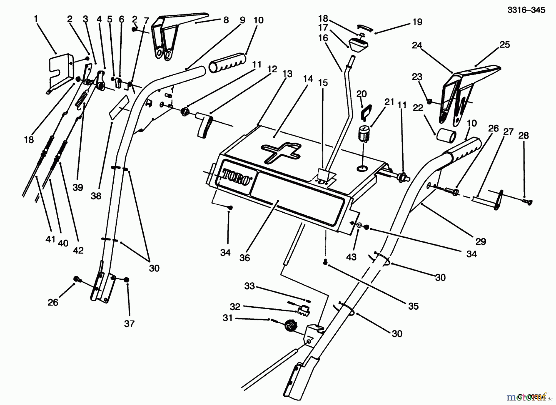 Toro Neu Snow Blowers/Snow Throwers Seite 1 38555 (1028) - Toro 1028 Power Shift Snowthrower, 1994 (4900001-4999999) HANDLE ASSEMBLY