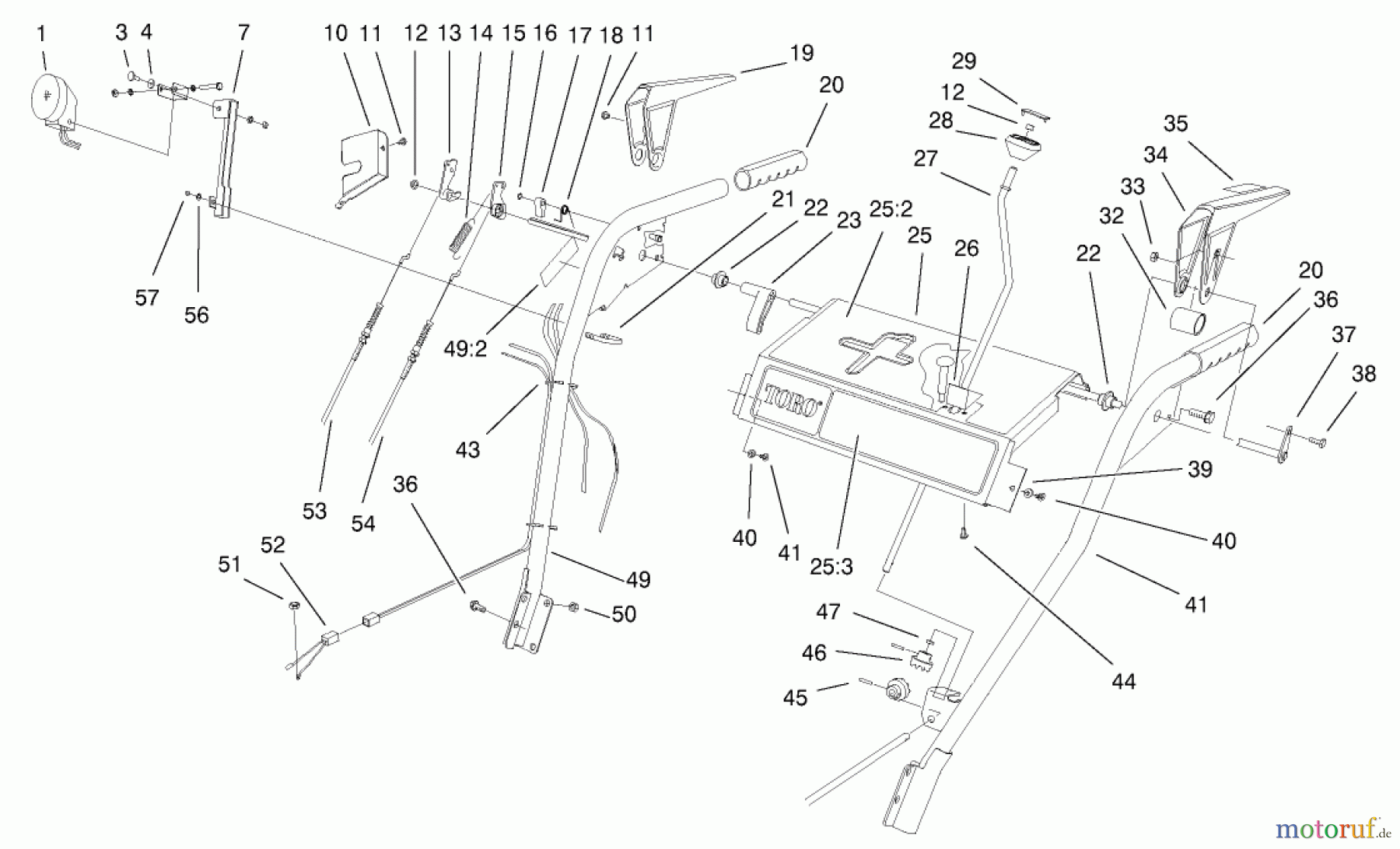 Toro Neu Snow Blowers/Snow Throwers Seite 1 38559 (1028) - Toro 1028 Power Shift Snowthrower, 2002 (220000001-220999999) HANDLE AND CONTROL ASSEMBLY