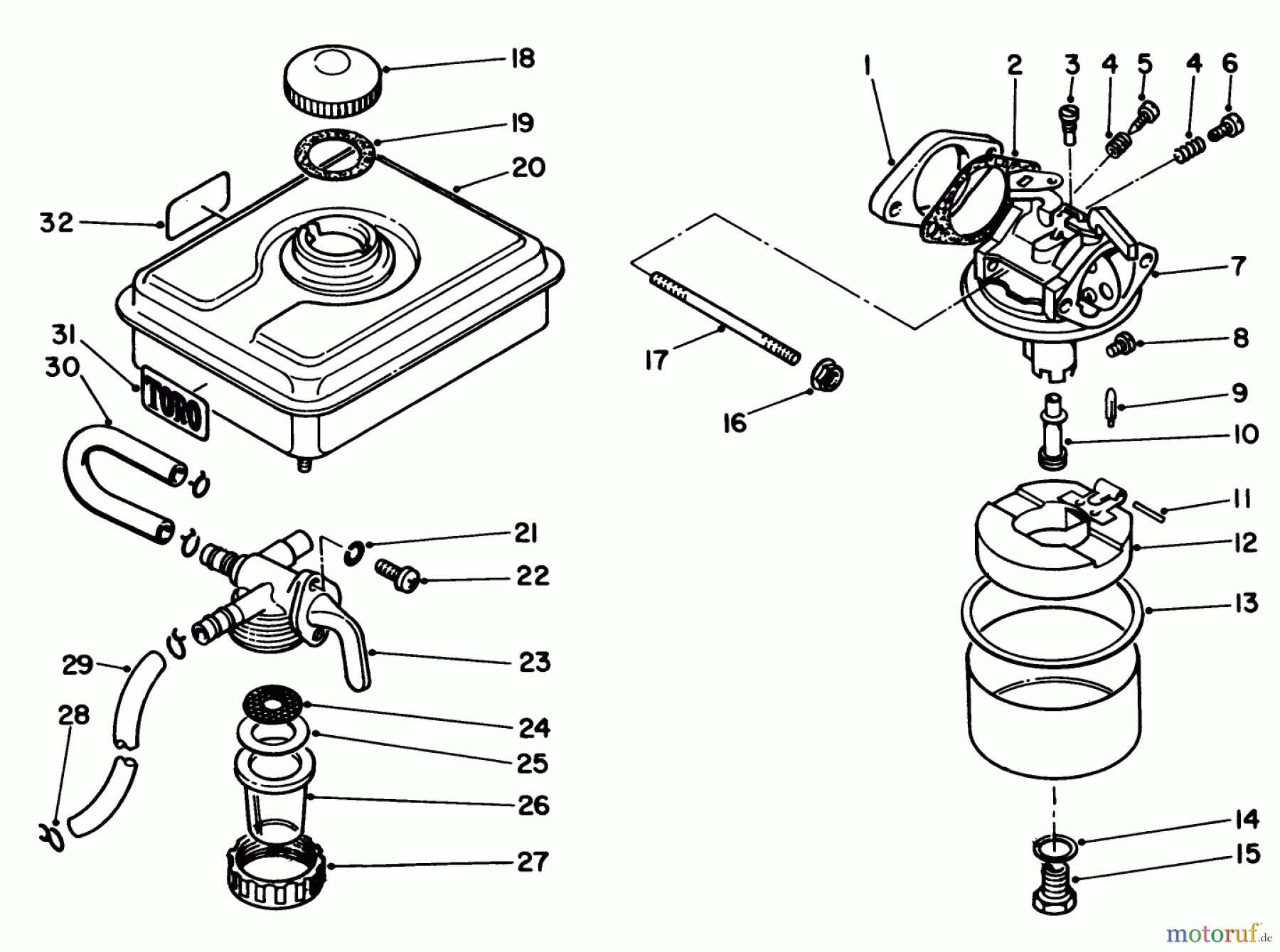 Toro Neu Engines 59270 - Toro Replacement Engine, 4-Cycle, 1984 (4000001-4999999) FUEL TANK & CARBURETOR ASSEMBLY