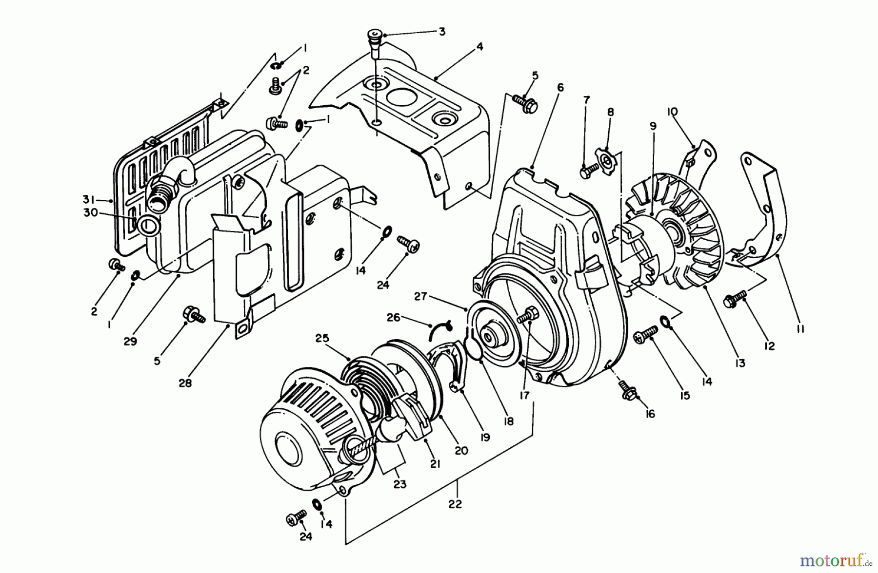  Toro Neu Generators 62005 (T500) - Toro Generator, T500, 1983 (3000001-3999999) STARTER-EXHAUST ASSEMBLY