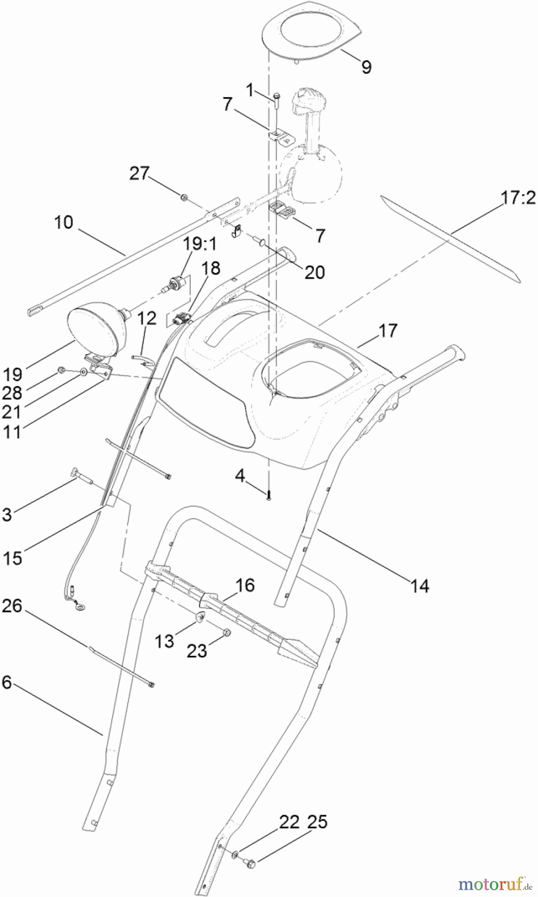  Toro Neu Snow Blowers/Snow Throwers Seite 2 38660 (928 OE) - Toro Power Max Heavy Duty 928 OE Snowthrower, 2013 (SN 313000001-313999999) LOWER HANDLE AND HEADLAMP ASSEMBLY