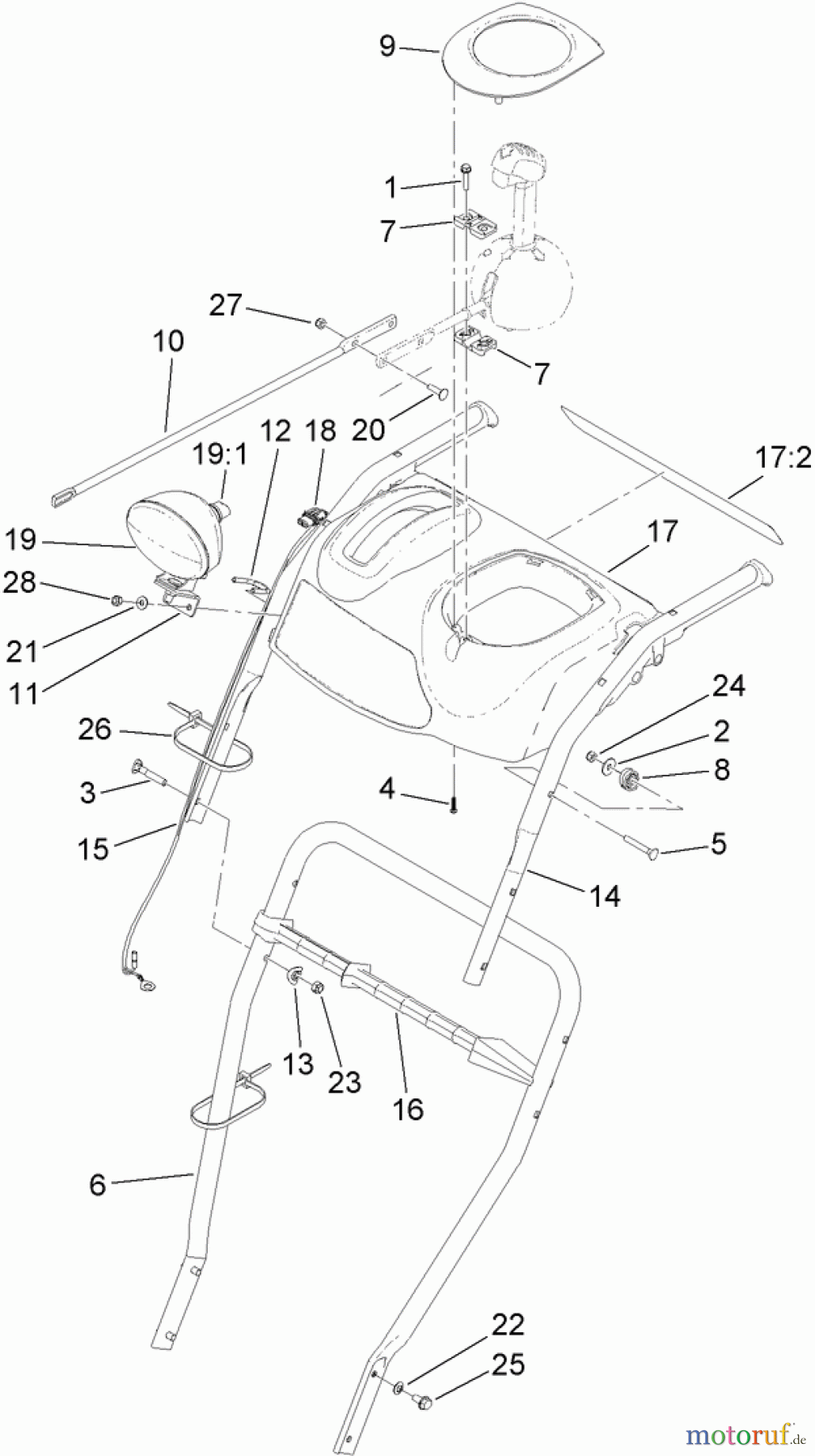 Toro Neu Snow Blowers/Snow Throwers Seite 2 38680 (1128 OXE) - Toro Power Max Heavy Duty 1128 OXE Snowthrower, 2013 (SN 313000001-313999999) LOWER HANDLE AND HEADLAMP ASSEMBLY