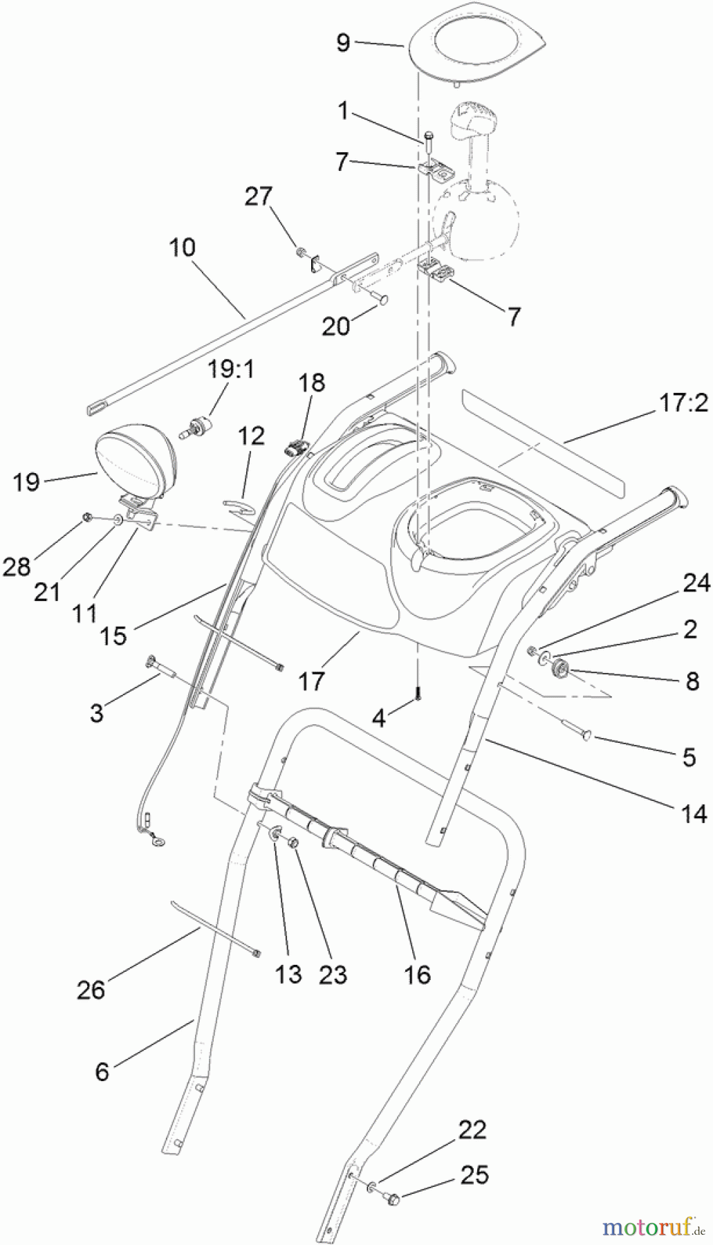 Toro Neu Snow Blowers/Snow Throwers Seite 2 38822 (928 OXE) - Toro Power Max Heavy Duty 928 OXE Snowthrower, 2013 (SN 313000001-313999999) LOWER HANDLE AND HEADLAMP ASSEMBLY