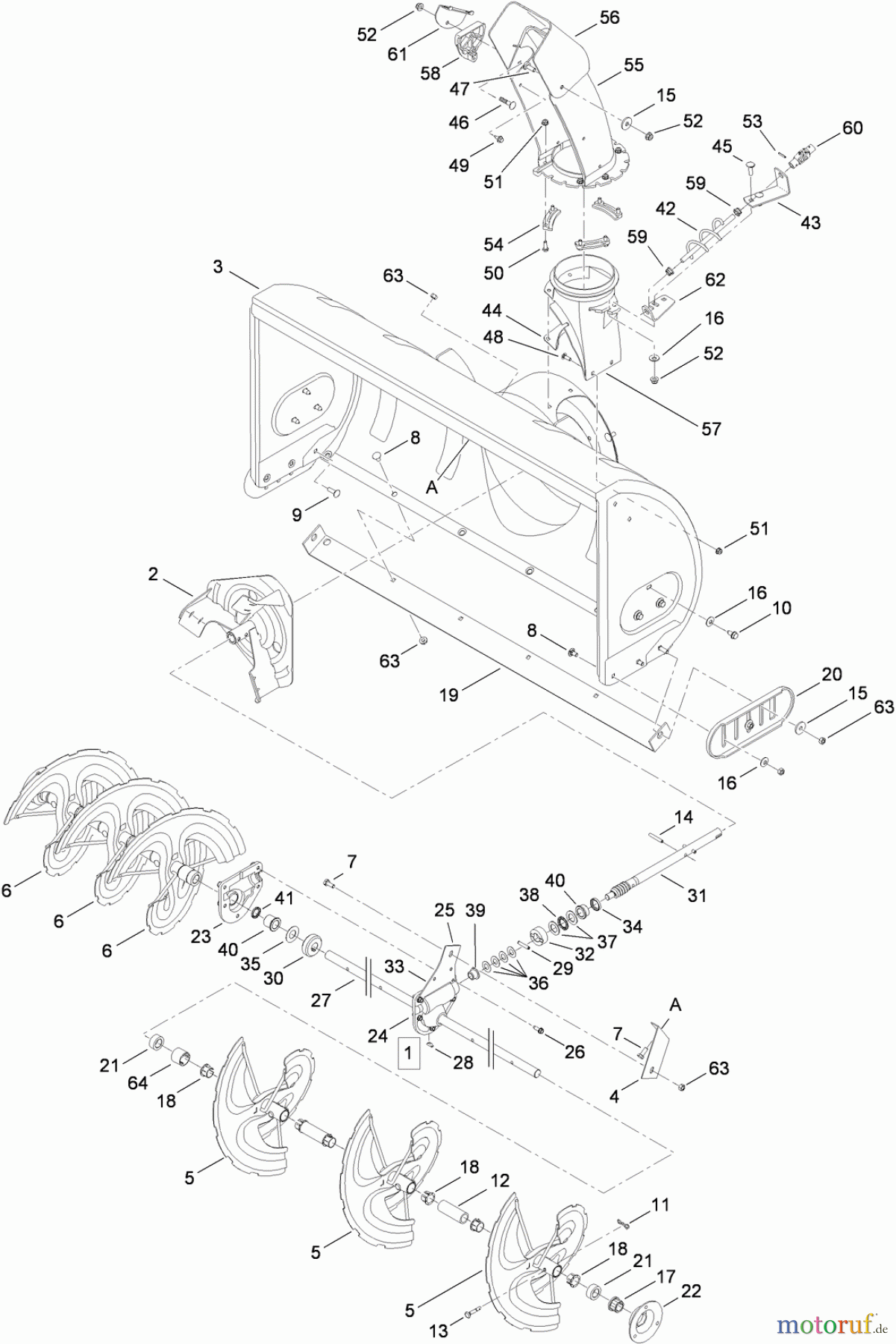  Toro Neu Snow Blowers/Snow Throwers Seite 2 OEM-190-032 - Toro 42in Two-Stage Snowthrower, 2010 (1-1) HOUSING, AUGER AND GEARBOX ASSEMBLY