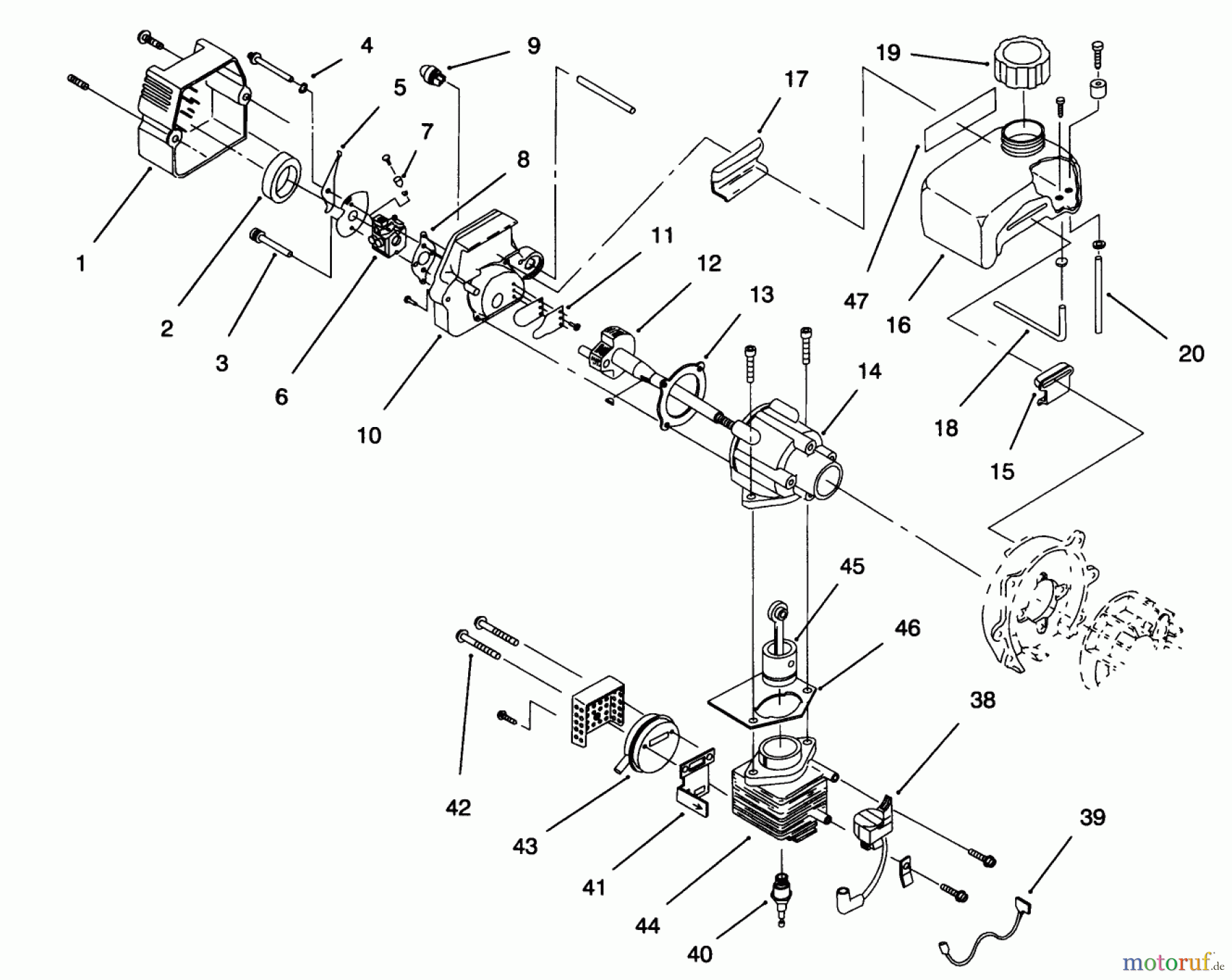  Toro Neu Tillers/Cultivators 58355 - Toro Garden Cultivator, 1996 (69000001-69999999) CARBURETOR, CYLINDER, CRANKCASE & FUEL TANK ASSEMBLIES