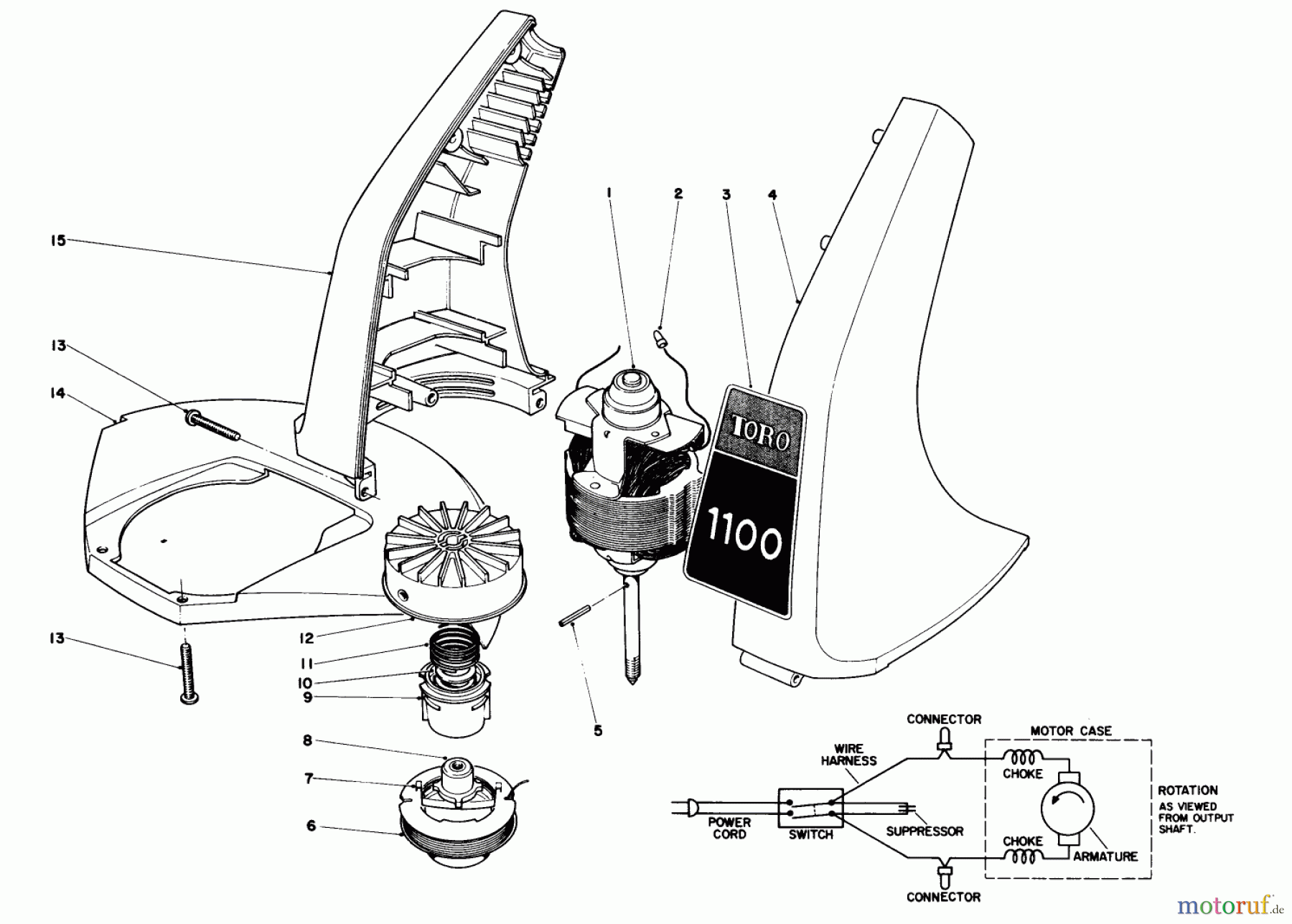 Toro Neu Trimmers, String/Brush 51330 (1100) - Toro 1100 Electric Trimmer, 1981 (1000001-1999999) MOTOR AND HOUSING ASSEMBLY